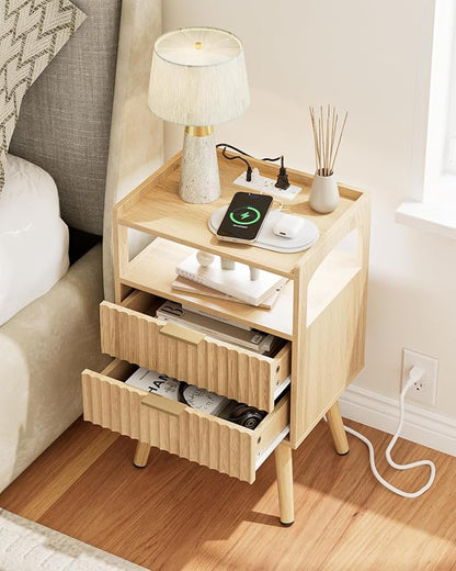 Nightstand with Charging Station and LED Lights,Modern Bedside Table with 2Drawer and Open Shelf,Oak Night Stand with Solid Wood Legs,End Table for Living Room、Bedroom and Small Spaces