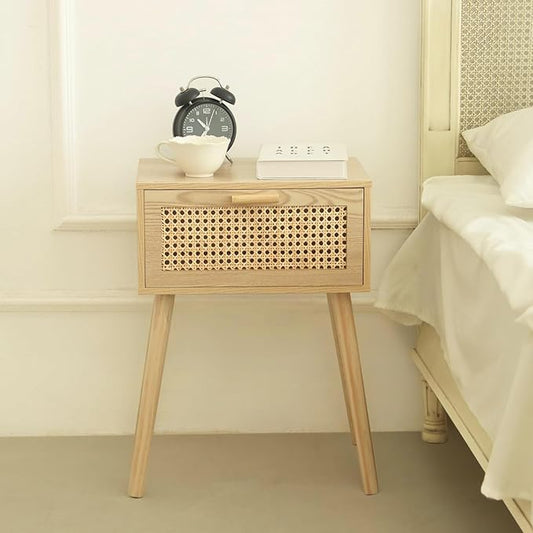 AWASEN Rattan Nightstand, Bedside Table with Rattan Drawer, Wood End Table with Storage and Solid Wood Legs for Bedroom Living Room Small Space (Walnut)