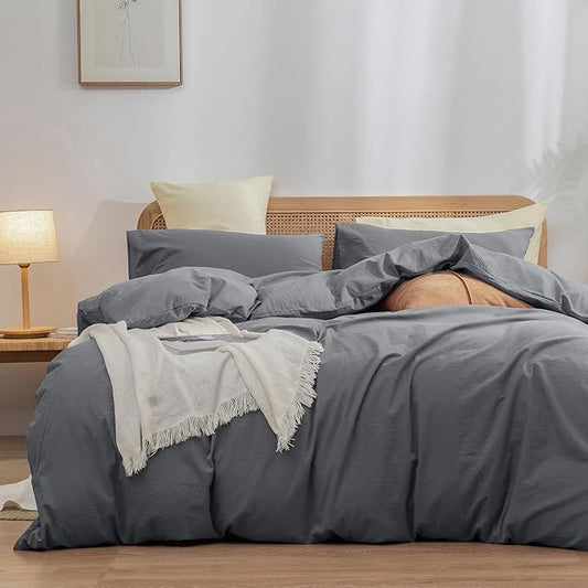 BESTOUCH Duvet Cover Set 100% Washed Cotton Linen Feel Super Soft Comfortable Chic Lightweight 3 PCs Home Bedding Set Solid Quiet Shade Grey Oversized King