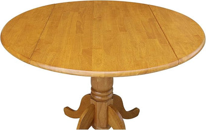 IC International Concepts, 42" Round Dual Drop Leaf Pedestal Dining Table, Solid Real Wood, Sturdy Parawood, Dimensions 42"D x 42"W x 29.5"H, 20mm thickness, 40lbs Weight Capacity, Oak