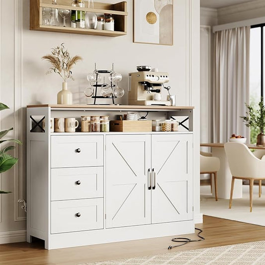 47inch Farmhouse Buffet Sideboard Cabinet, Wood Cupboard Storage Pantry Cabinet with Drawers, Coffee Bar Station Table for Kitchen Living Dining Room, White