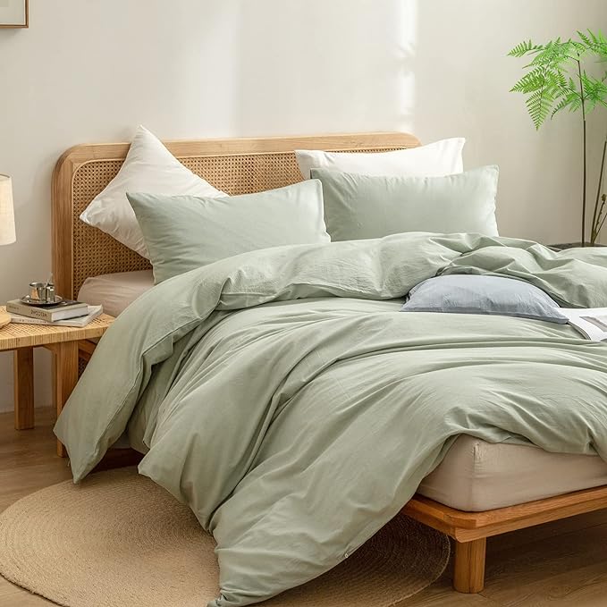 BESTOUCH Duvet Cover Set 100% Washed Cotton Linen Feel Super Soft Comfortable Chic Lightweight 3 PCs Home Bedding Set Solid Sage Green Super Queen
