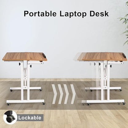 Hadulcet Mobile Standing Desk with Charging Station, Adjustable Standing Computer Desk, Standing Adjustable Laptop Cart with Wheels for Home Office Classroom Vintage Oak