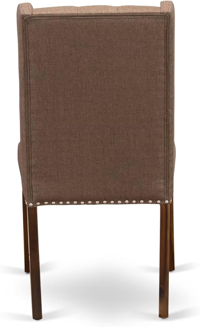 LEFO9-AWA-18-9-Piece Kitchen Table Set Includes a Breakfast Table and 8 Brown Linen Fabric Parson Chairs with Button Tufted Chair Back - Antique Walnut Finish.