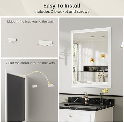24x32 Inch White Bathroom Mirror for Wall, Thick Metal Framed Rectangle Mirrors for Over Sink, Bedroom, Living Room, Entryway, Anti-Rust, HD Tempered Glass