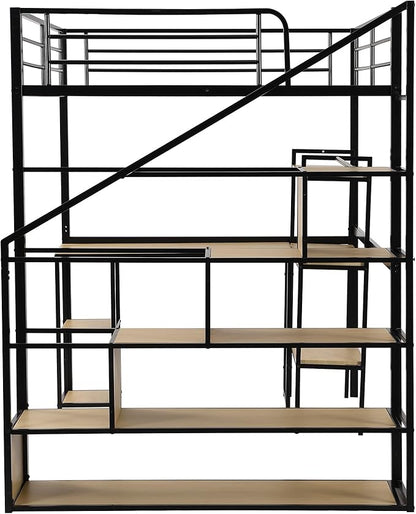 Full Size Metal Loft Bed with Staircase,Full-Length Guardrails,a Built-in Desk and a 3-Tier Shelf,No Box Spring Needed,Noise Free,for Juniors&Adults,Black