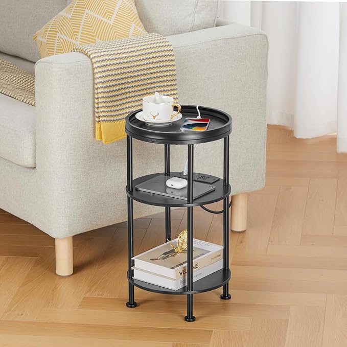 Small Round Side Table with Charging Station for Small Spaces, 3-Tier Accent Table with USB Ports & Power Outlets, Sofa Corner Tea Table for Living Room Nightstand Bedroom Apartment (Black)