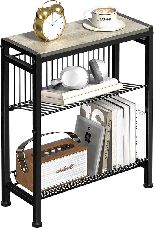 Narrow Side Table for Small Space, 3-Tier End Table with Magazine Holder, Slim Nightstand with Wire Shelf, Skinny Bedside Table in Living Room, Bedroom, Study, Kitchen and Balcony(Greige)