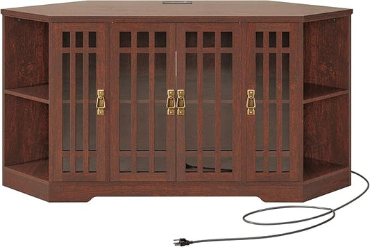IRONCK Corner TV Stand for TVs up to 60 Inch with Power Outlet, Corner Entertainment Center with Storage Cabinet and Glass Doors, Mid Century Modern TV Stand for Living Room, Bedroom, Red Walnut