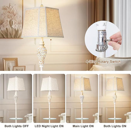 Vintage Floor Lamp with Nightlight and Glass Tray, Farmhouse Standing Lamp with White Washed Finish and Linen Shade, 65" Rustic Tall Lamp Decor for Living Room, Bedroom, Office, House (Bulb Included)