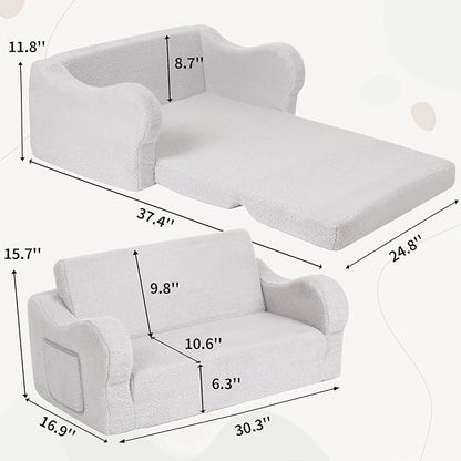 Extra Wide Toddler Chair, 2-in-1 Toddler Couch Fold Out, Convertible Sherpa Sofa to Lounger for Boys & Girls, Grey