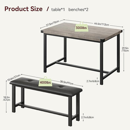 Dining Table Set for 4, Kitchen Table with 2 Upholstered Benches, 3-Piece Dining Room Set for Kitchen, Apartment and Small Spaces, Gray