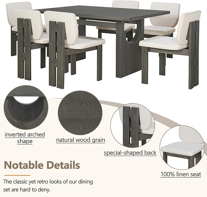 Ball & Cast 7-Piece Dining Table Set for 6 People, 59" Wood Dining Kitchen Table & Chairs Set, Dining Room Table with Trestle Base and 6 Upholstered Chairs, Perfect for Dining Room,Grey