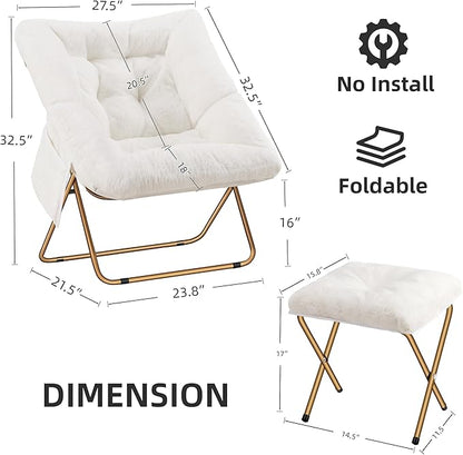 Comfy Saucer Chair for Adults, Foldable Living Room Chairs, Soft Faux Fur Lounge Chair for Bedroom, Reading Chairs, X-Large (Ottoman-White)