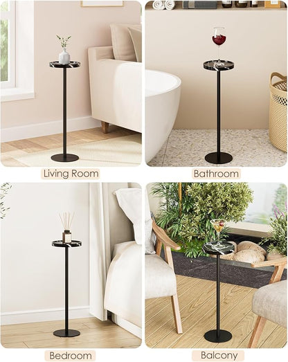 Drink Table, Small Pedestal Side Table, Round Cocktail Table, Circle Accent End Table with Metal Base, for Small Spaces (2, Black Marble)