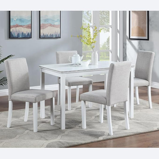 KEIKI 5-Piece Standard Height Dining Table Set with Rectangular Table and 4 Upholstered Chair, for 4 Person, Modern Crystal Decoration Wooden Table Set, Easy Assembly, for Kitchen, Dining Room, White