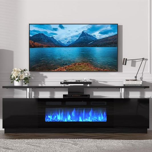 70'' Fireplace TV Stand with 36'' Firplace, Entertainment Center, 2 Tier TV Console Cabinet with Storage Cabinet, Electric Fireplace Heater with 12 Frame and LED Light Colors, Black