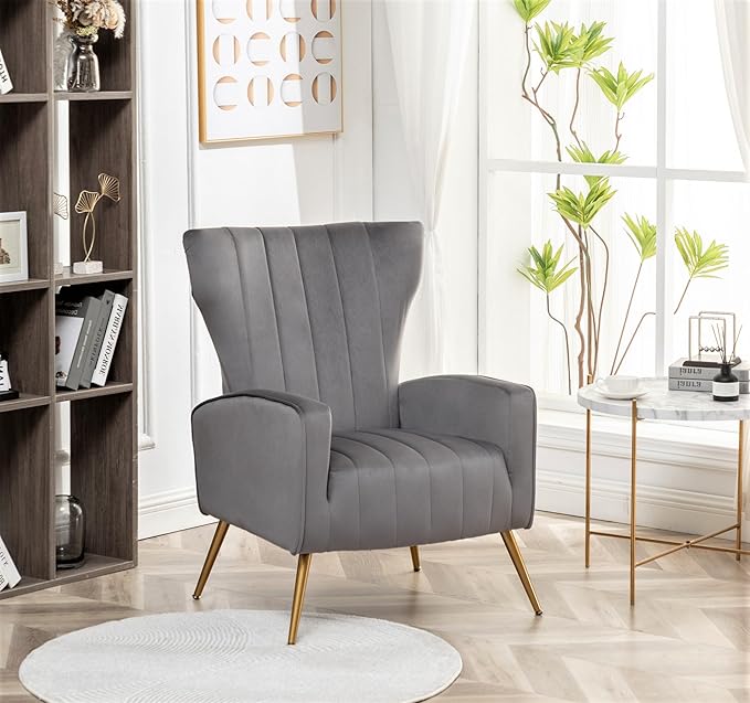 Container Furniture Direct Modern Velvet Accent Chair, Channel Tufted Bedroom, Office or Living Room Furniture with Elegant Metal Legs, 26" Wide Armchair, Grey