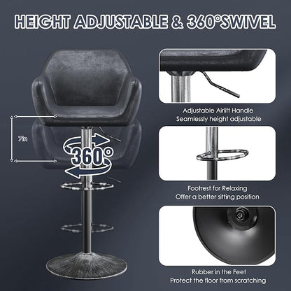 Keyluv Bar Stools Set of 2 for Kitchen Counter Adjustable Height Swivel Barstools 29 Inch Faux Leather Bar Chairs with Padded Back and Chromed Metal Base, Retro Black
