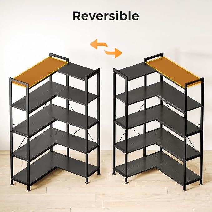 Casaottima Corner Bookshelf 5 Tier, 57 Inches Reversible Book Shelf for Living Room, Industrial Wooden Bookcase with Open Shelves and Metal Frame for Bedroom, Home Office, Kitchen, Black