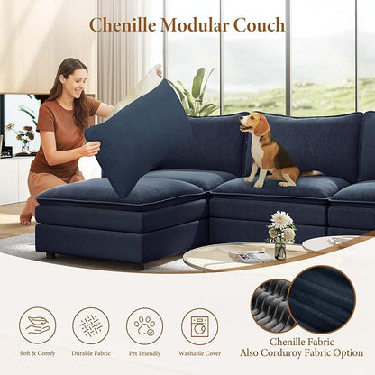 Vesgantti Large Modular Sectional Sofa, Big Comfy Cloud Couch with Ottoman Deep Seat Chenille Cloud Sofa, 9 Seater Large Sectional Couches for Living Room, Bedroom and Apartment, Blue