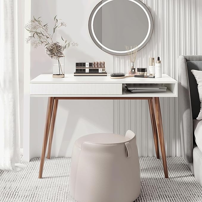 Artswish White Writing Desk with Drawers Mid Century Modern Desk, Wood Office Computer Desks for Small Space, White Desks with Walnut Legs