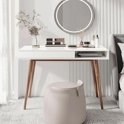 Artswish White Writing Desk with Drawers Mid Century Modern Desk, Wood Office Computer Desks for Small Space, White Desks with Walnut Legs