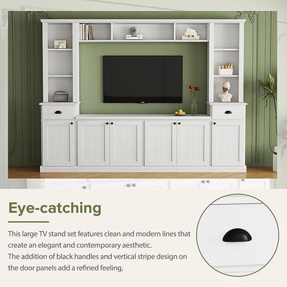 Merax Modern TV Stand Set w/Adjustable Bridge, Storage Media Console & Wall Units - Minimalist Entertainment Center for Living Room, White