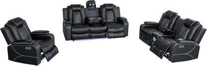 Ball & Cast Power Recliner Sofa Set Leather Reclining Sofa Set Living Room Furniture Set 3PCS Recliner Couch Loveseat and Chair Sets with LED,USB Charging,Cup Holders,Storage Console for Home Theater