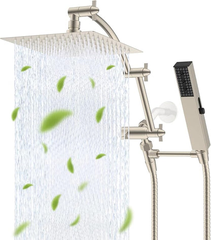 Hibbent All Metal 8'' Rainfall Shower Head, Shower Head Combo, High Pressure Handheld Shower Wand, 4 Sprays, 16'' Adjustable Arc-shaped Extension Arm, 71'' Hose, Showerhead Holder, Brushed Nickel