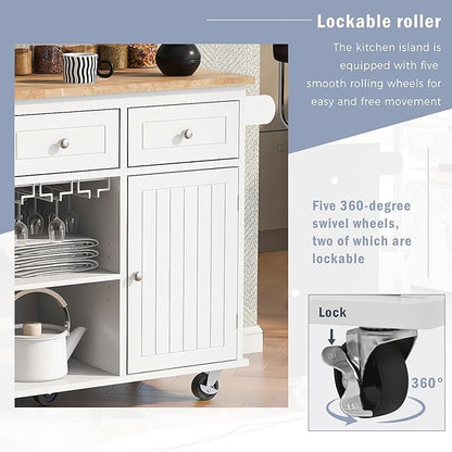 Merax Rubber Wood Kitchen Island with Adjustable Storage, Rolling Kitchen Storage Cart with Drop Leaf, Open Storage, Wine Rack, 5 Wheels for Home, Kitchen, Dining Room, White