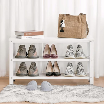Apicizon White Shoe Rack, 35.5 Inches 3-Tier Shoe Rack for Entryway with Long Seat and Metal Shelves for Garage, Entryway Bench for Hallway Front Door, Mudroom, Doorway, Living Room, Bedroom