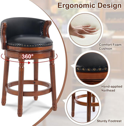 CozyRain Bar Stools Rubber Wood Counter Height Bar Stool Leather Upholstered Swivel Barstools with Back & Footrest for Home,Kitchen,Counter,Dining Room (Black, Seat Height 26 in)