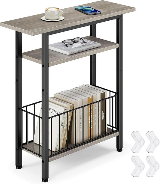 Vagusicc Narrow Side Table, Skinny Side Table for Couch, 3-Tier Small End Table for Small Spaces, Bed Side Tables with Storage, 25.2" Tall Slim Nightstand Bedside table for Living Room Bedroom, Greige