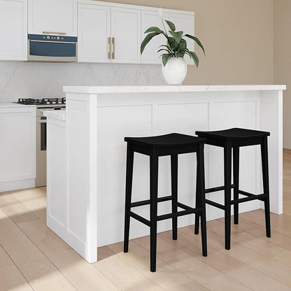 Plank+Beam Smythe Bar Stool, 30", Set of 2, Sturdy Wood Modern Kitchen Bar Height Stool, Saddle Seat Backless Counter Chair, Metal Footrest, Black