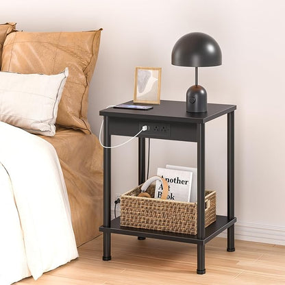 End Table with Charging Station,Small Side Table,2-Tier Nightstand with Storage Shelf,Sofa Bedside Table for Small Spaces in Living Room,Bedroom,Office,Easy Assembly,Black