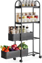 KINGRACK 4-Tier Slim Storage Cart with Pull Out Basket, Rolling Bathroom Organizer Utility, Metal Shelving Unit Slide Out, Lockable Wheels, Easy Assembly for Narrow Place, Kitchen, Laundry Room, Black