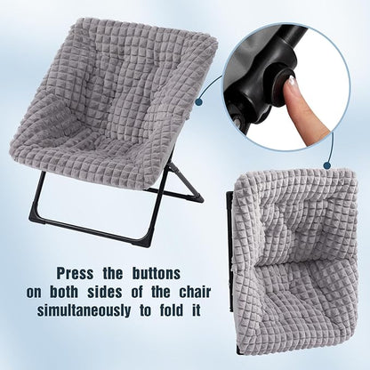 HollyHOME X-Large Saucer Chair with Foldable Ottoman, Comfy Oversized Folding Chair and Folding Footrest Stool Set, Faux-Fur Reading Chair and Footstool for Living Room, Blue&Grey Chair&Stool
