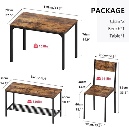 SogesHome 4-Piece Kitchen Table and 2 Chairs for 4 with Bench, Dining Table Set for Small Space, Apartment, Living-Room, Restaurant, Vintage Brown