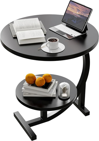 C-Shaped End Table,2 Tiers Round Side Table,Sofa Small Side Table for Living Room, Bedroom,Bedside Small Space,Black