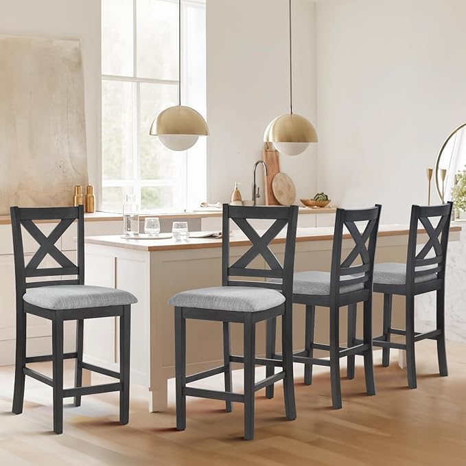 COLAMY Wooden Bar Stools Set of 4, Counter Height Bar Stools, Mid Century Modern Bar Stools with Backs, 25 Inch Upholstered Fabric Wooden Barstools for Kitchen Island Dining Room Bar, Dark Grey