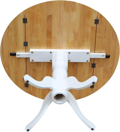42" Round Dual Drop Leaf Pedestal Dining Table, Solid Wood, Easy Assembly, 20mm Top Thickness, Kitchen/Dining Room, Includes Two 9" Drop Leaves, Durable Parawood Construction, Unfinished