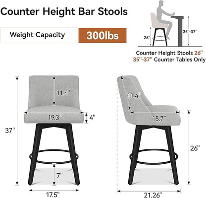 Counter Height Bar Stools Set of 8, Modern Swivel Barstools with Back and Wood Legs, Linen Fabric Upholstered Bar Chairs, 26" H Kitchen Counter Stools, Kitchen Island Home Bar, Light Grey