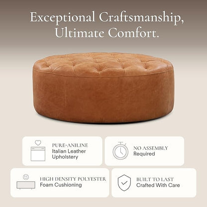 Poly & Bark Ascot Ottoman – 40" Round Pouf with Feather-Down Topper – Full-Grain Leather Upholstered Pouf Ottoman for Living Room – Vintage Italian Leather in Cognac Tan