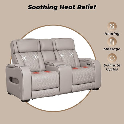 Signature Design by Ashley Boyington Contemporary Leather Match Power Reclining Loveseat with Console and USB Charging Ports, LED Lights and Adjustable Headrest, Light Gray
