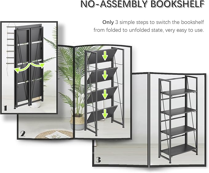 4NM No-Assembly Folding Bookshelf Storage Shelves 4 Tiers Vintage Bookcase Standing Racks Study Organizer Home Office (All Black)