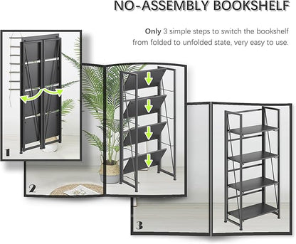 4NM No-Assembly Folding Bookshelf Storage Shelves 4 Tiers Vintage Bookcase Standing Racks Study Organizer Home Office (All Black)