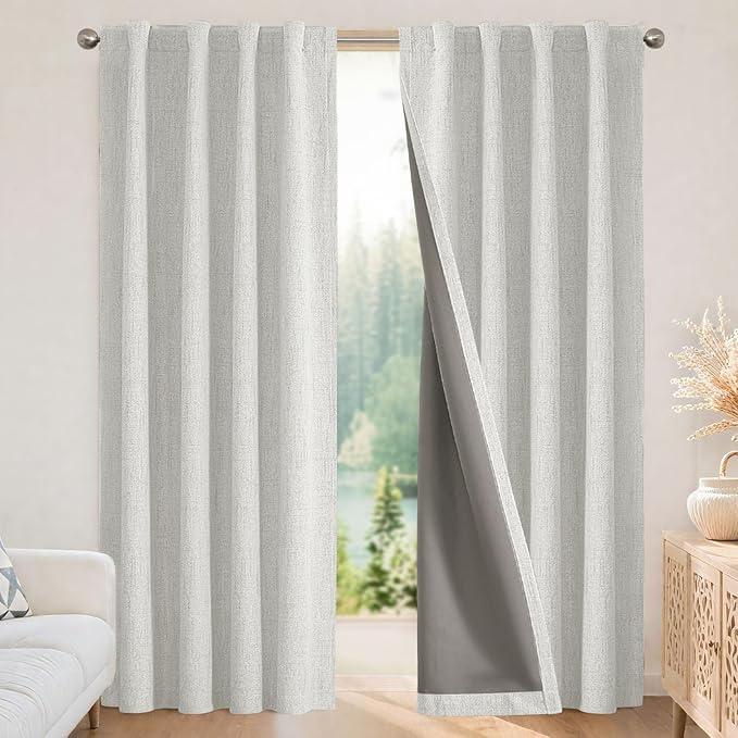 Joydeco 100% Blackout Curtains for Bedroom - Natural Linen Curtains 37" W x 72" L, Thermal Insulated 2 Panels White Light Blocking Drapes, Rod Pocket & Back Tabs, Darkening Privacy for Living Room
