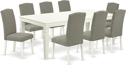 East West Furniture LGEN9-LWH-06 9 Piece Dining Set Includes a Rectangle Dining Room Table with Butterfly Leaf and 8 Dark Shitake Linen Fabric Upholstered Chairs, 42x84 Inch, Linen White