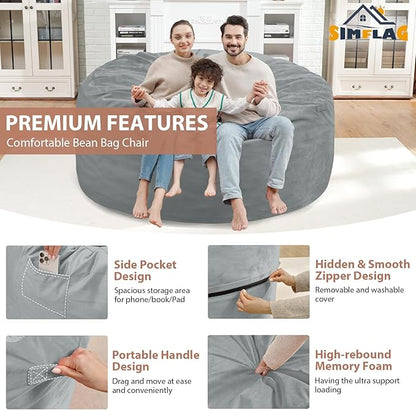 5FT Bean Bag Chair, Large Bean Bag Chairs with Memory Foam Filled, Fluffy Beanbag Sofa with Dutch Velvet Cover, Round BeanBag Chairs for Living Room, Playroom - Light Grey